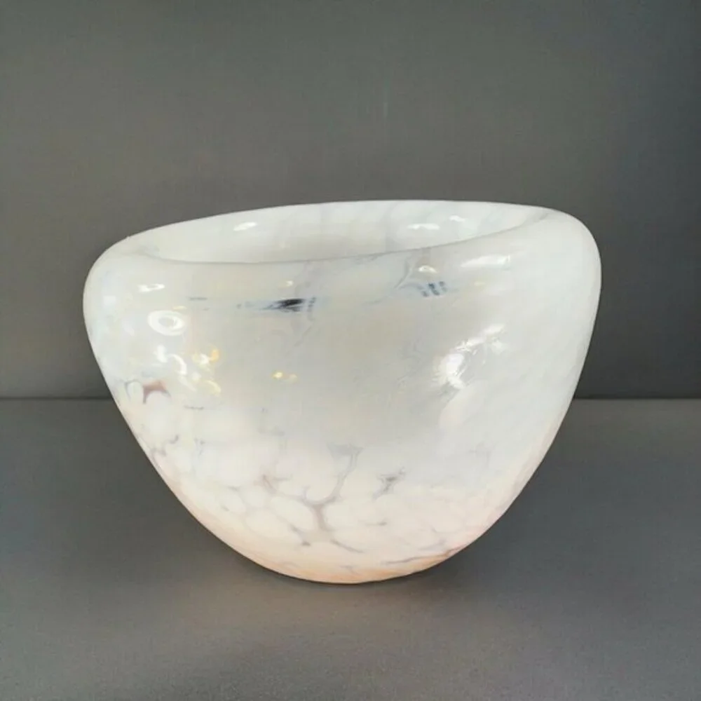 Hand Blown Art‎ Glass Round Dish Bowl Heavy Small White Spots Hand Made Hollow